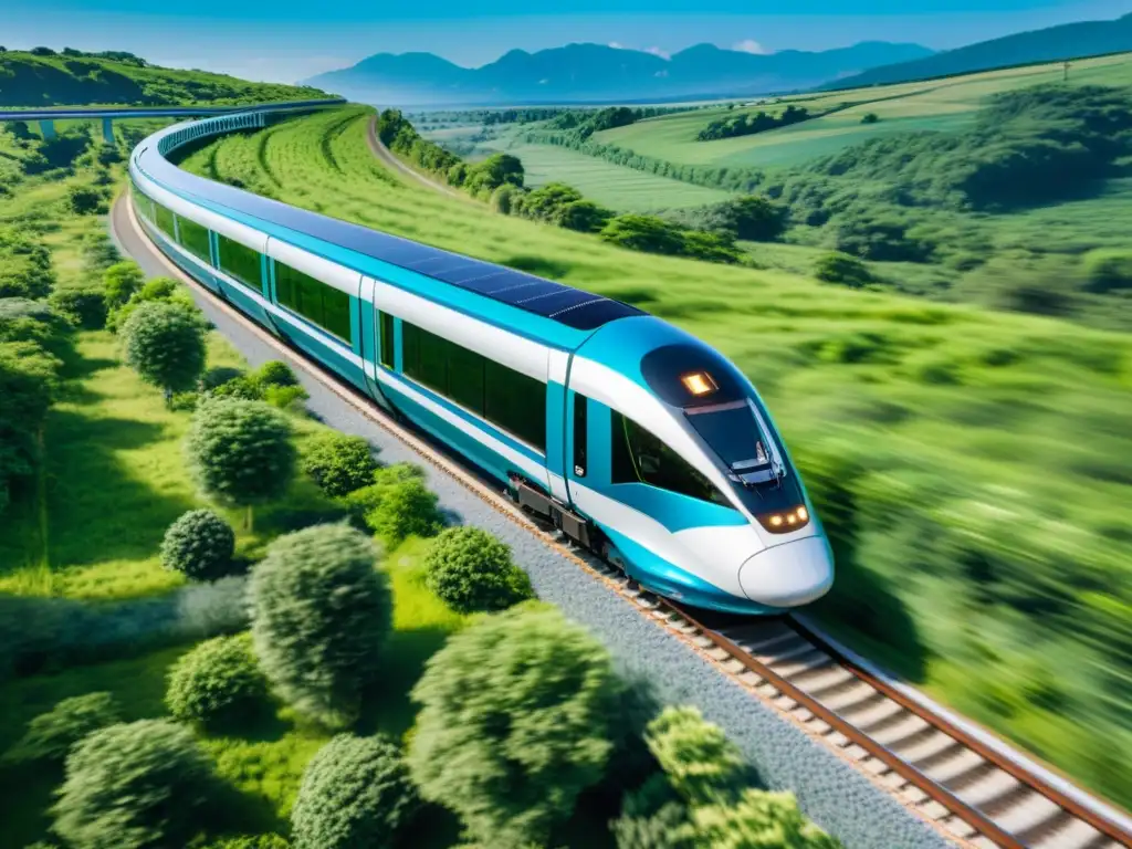 Un tren eléctrico moderno y elegante recorre una vía curva en un paisaje verde exuberante, destacando su diseño ecofriendly