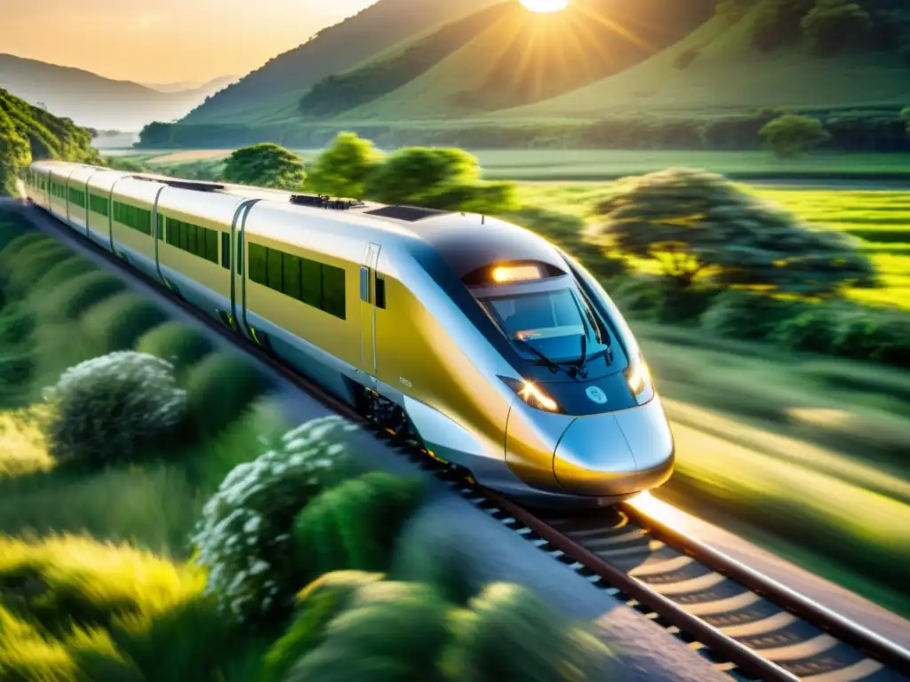 Un tren eléctrico moderno y elegante recorre un paisaje verde, destacando el transporte turístico sostenible en armonía con la naturaleza