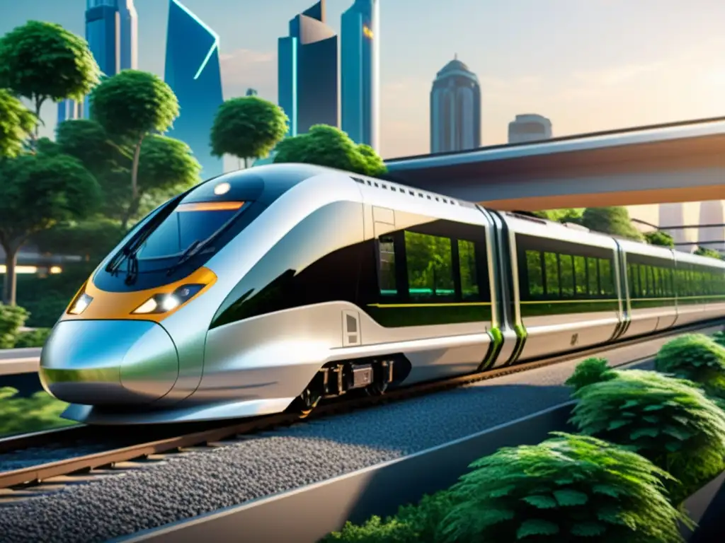 Un tren eléctrico moderno avanza silenciosamente por una vía futurista, rodeado de exuberante vegetación y una ciudad futurista