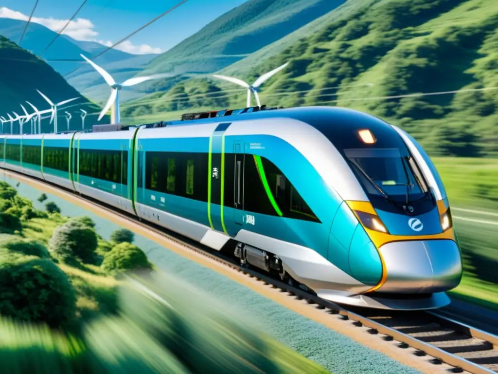 Un tren eléctrico moderno recorre un paisaje de montañas verdes con energía sostenible, reflejándose en un lago cristalino