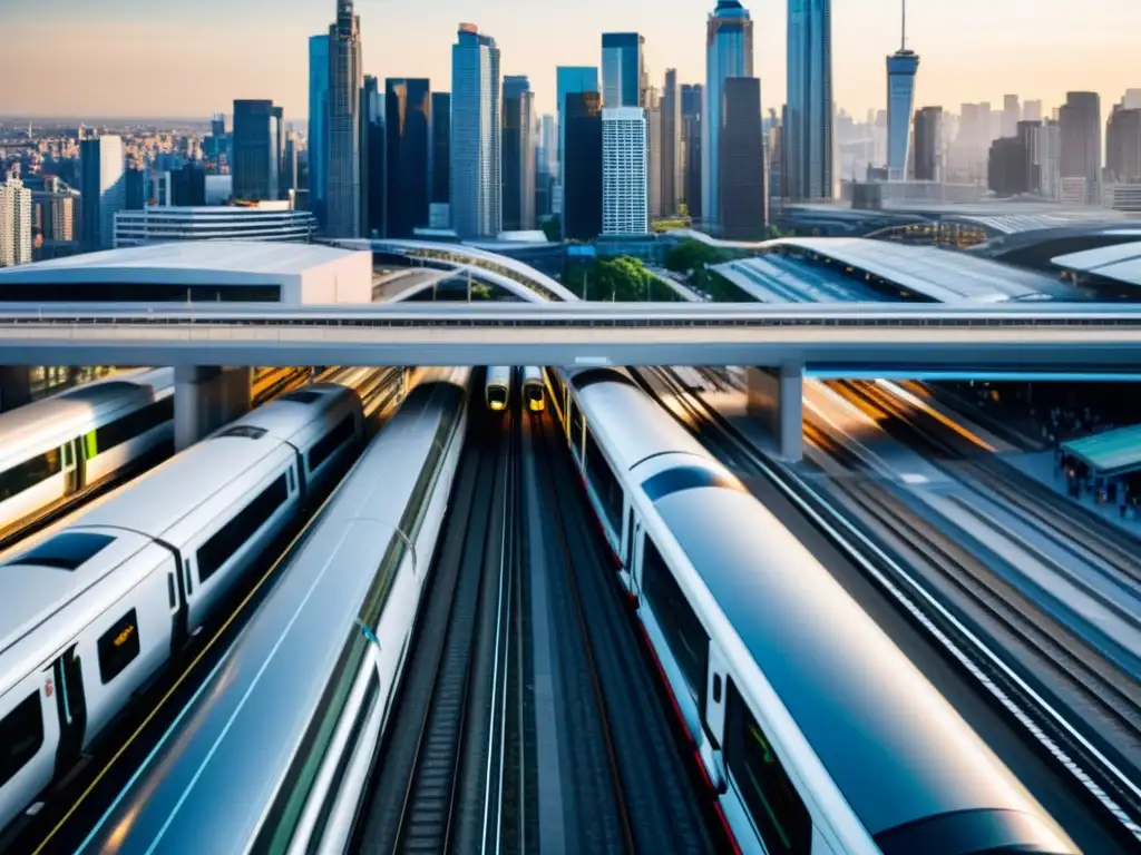 Un tren eléctrico moderno y silencioso llega a una bulliciosa estación urbana entre rascacielos y viajeros