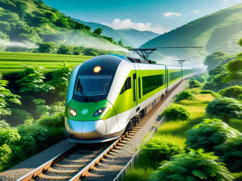 Un tren eléctrico moderno viaja a través de un paisaje verde, resaltando su diseño aerodinámico y cero emisiones