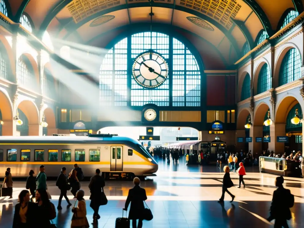 Estación de tren con encanto: Entrada ornamental, viajeros con maletas, luz solar y vías que se pierden en el horizonte urbano