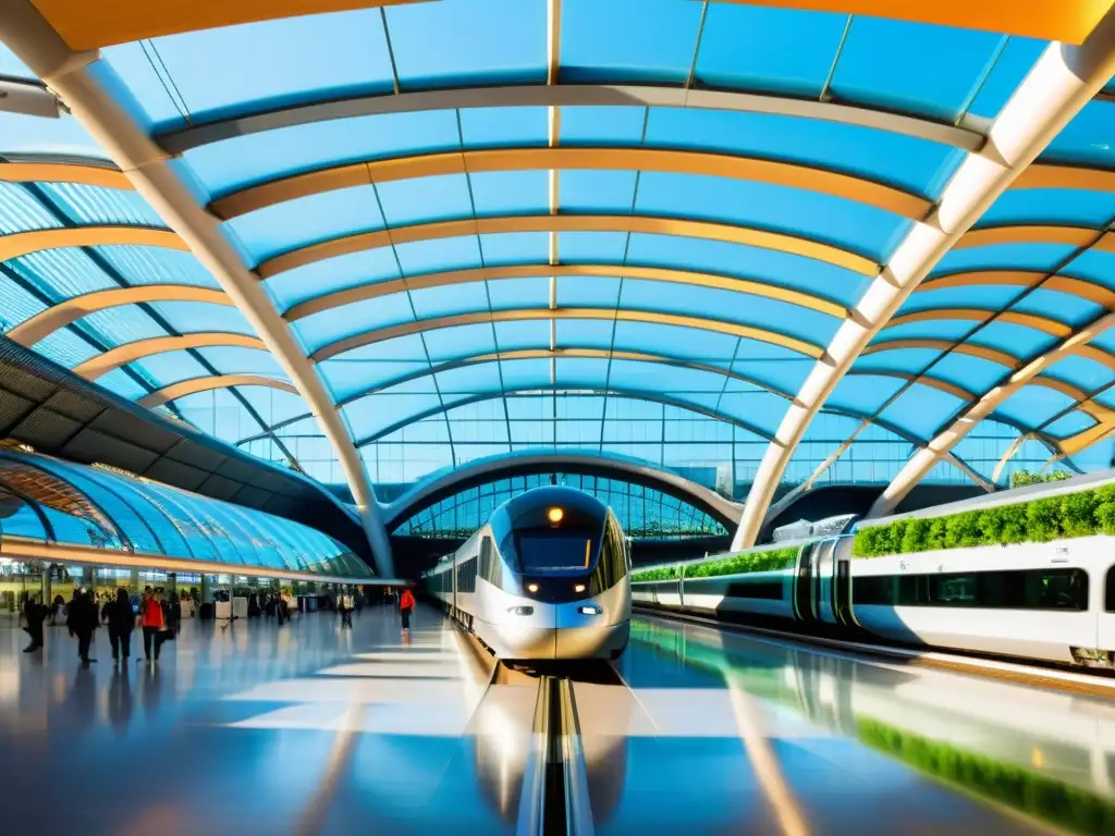 Estación de tren futurista Atocha en Madrid, con diseño arquitectónico impresionante y abundante luz natural, integrando vegetación