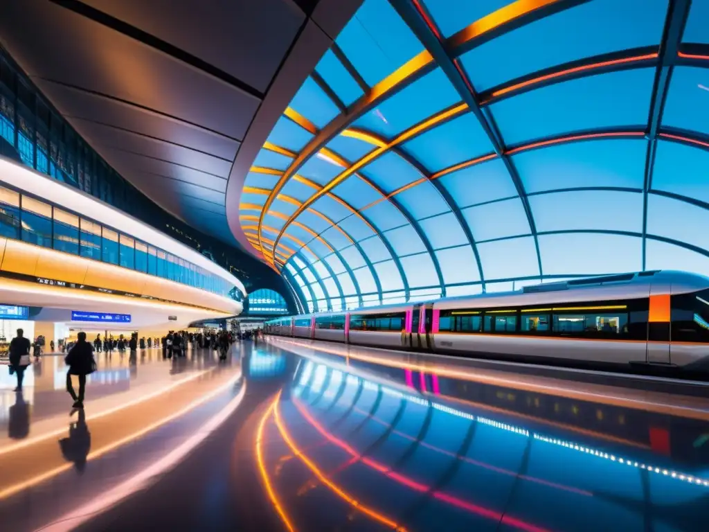 Estación de tren futurista con arquitectura moderna, luces de neón y trenes de alta velocidad en movimiento