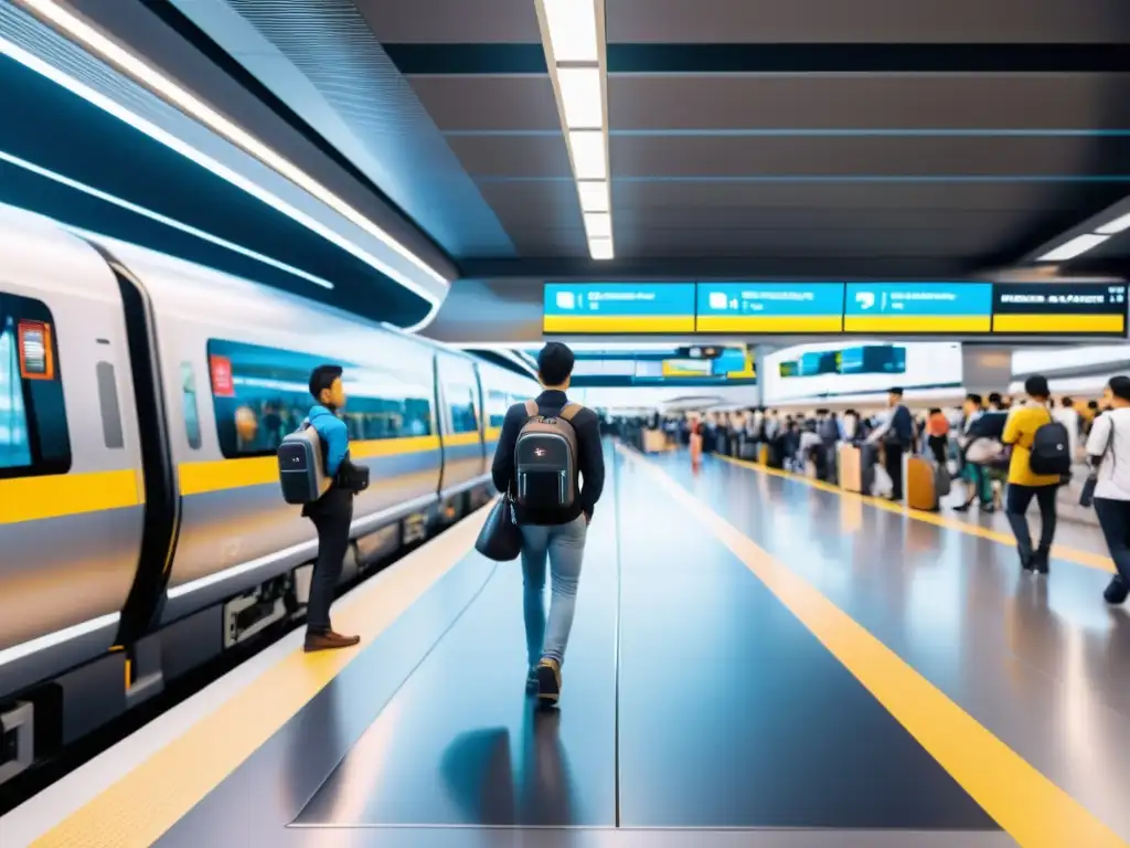 Estación de tren futurista con asistentes robóticos guiando el flujo de pasajeros, reflejando tecnología punta en la gestión de estaciones