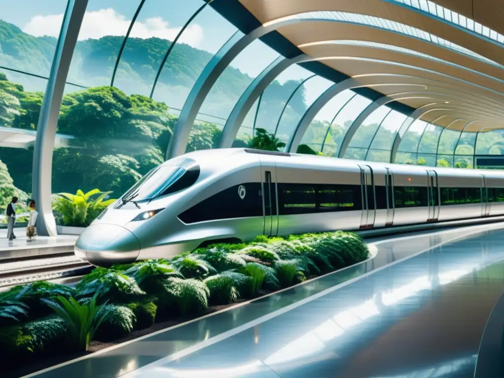 Estación de tren futurista con diseño vanguardista y naturaleza exuberante, evocando innovación en transporte ferroviario