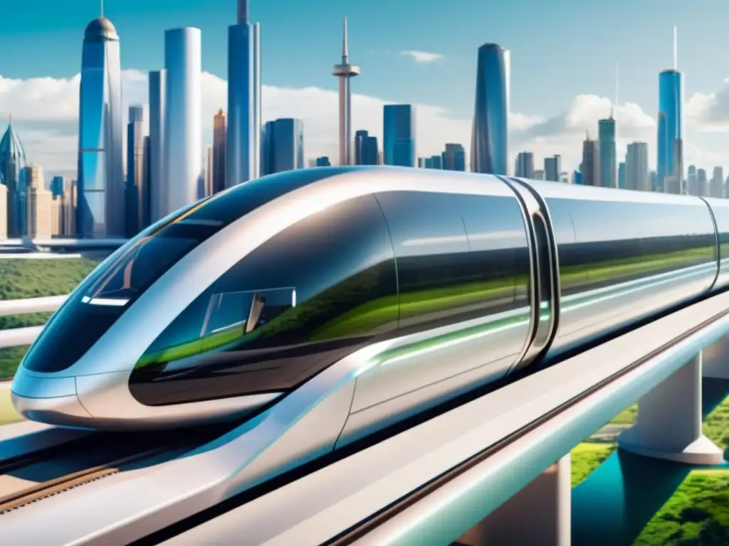 Un tren futurista de Hyperloop se desliza sin esfuerzo por una vía elevada, rodeado por una ciudad tecnológicamente avanzada