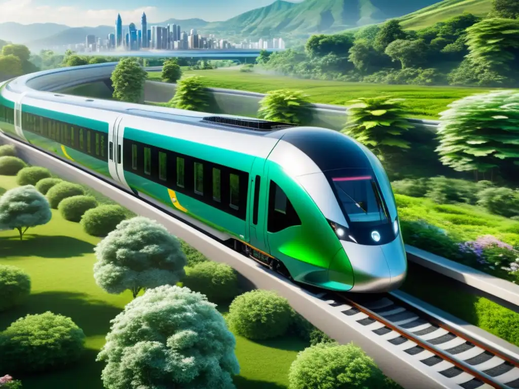 Un tren futurista de hidrógeno circula por un paisaje verde