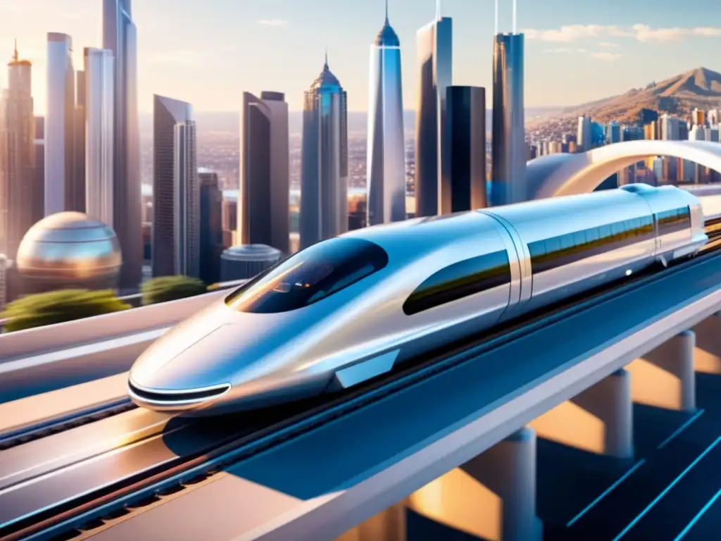 Un tren futurista de hyperloop plateado surca una ciudad moderna, rodeado de avances tecnológicos en transportes del futuro