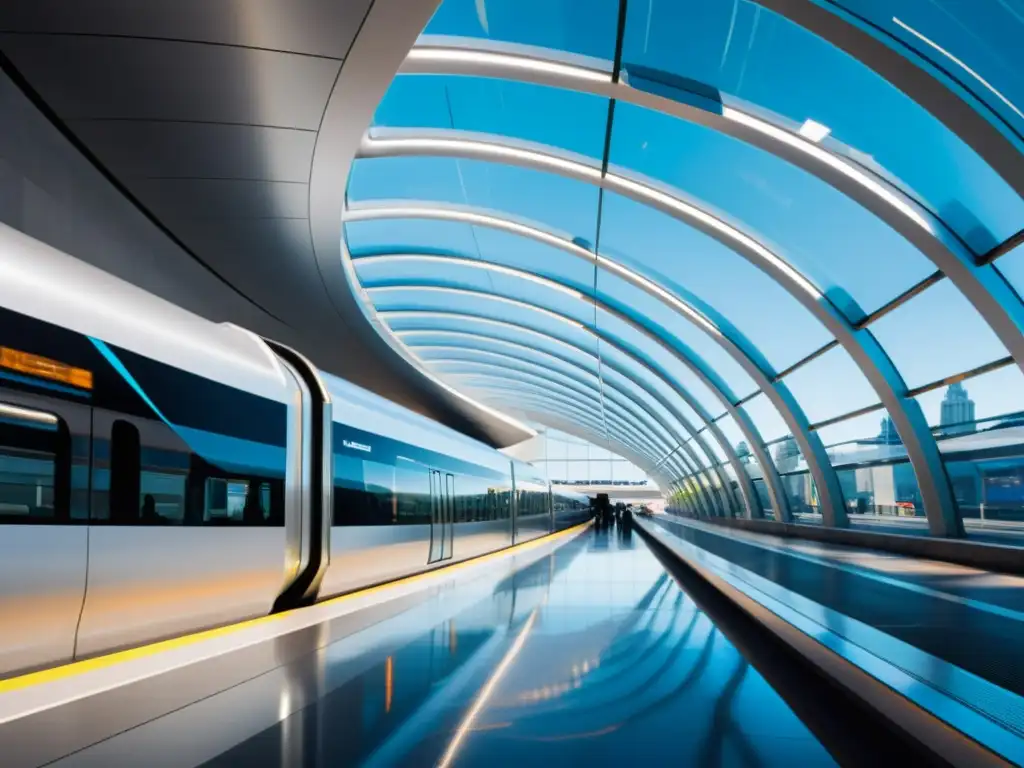 Estación de tren futurista con líneas curvas y una fachada de vidrio reluciente, reflejando la ciudad