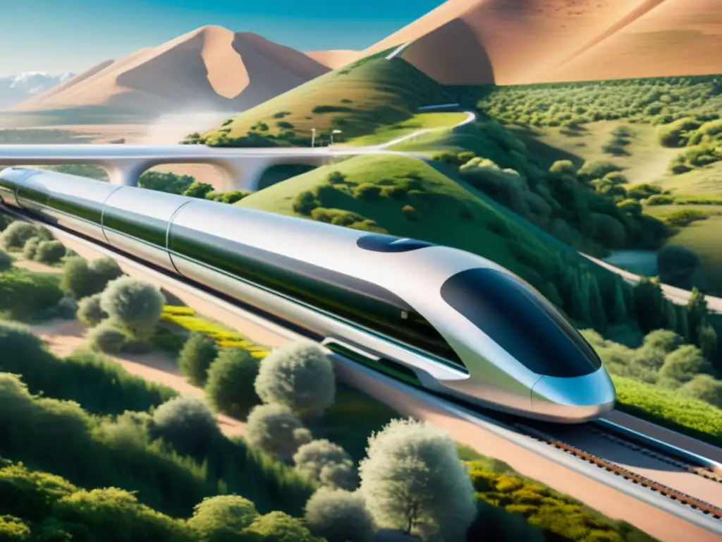 Un tren futurista de hyperloop recorre un paisaje pintoresco, destacando la innovadora infraestructura de transporte terrestre del futuro