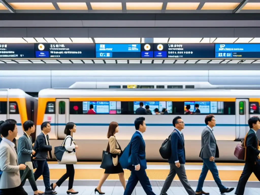 Estación de tren futurista en Tokio con vibrante energía y eficiencia, reflejando el encanto de las estaciones de tren