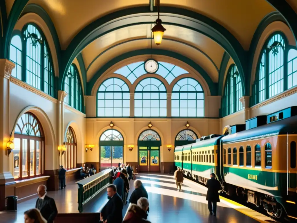 Estación de tren histórica con encanto, arquitectura detallada, pasajeros y un tren de vapor, evocando nostalgia y encanto atemporal