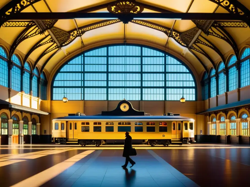 Estación de tren histórica con encanto, bañada por la cálida luz dorada del atardecer, llena de viajeros y turistas, evocando romance y nostalgia