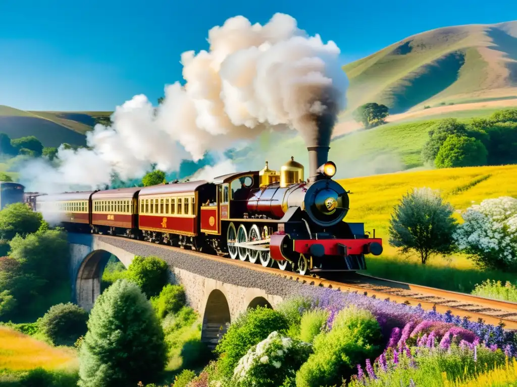 Tren histórico de vapor recorriendo un exuberante paisaje campestre, con pasajeros felices asomándose por las ventanas