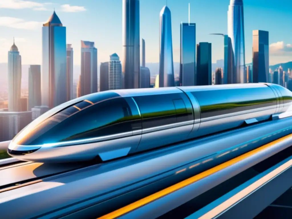 Tren Hyperloop de alta tecnología deslizándose en tubo transparente, con futurista ciudad de fondo