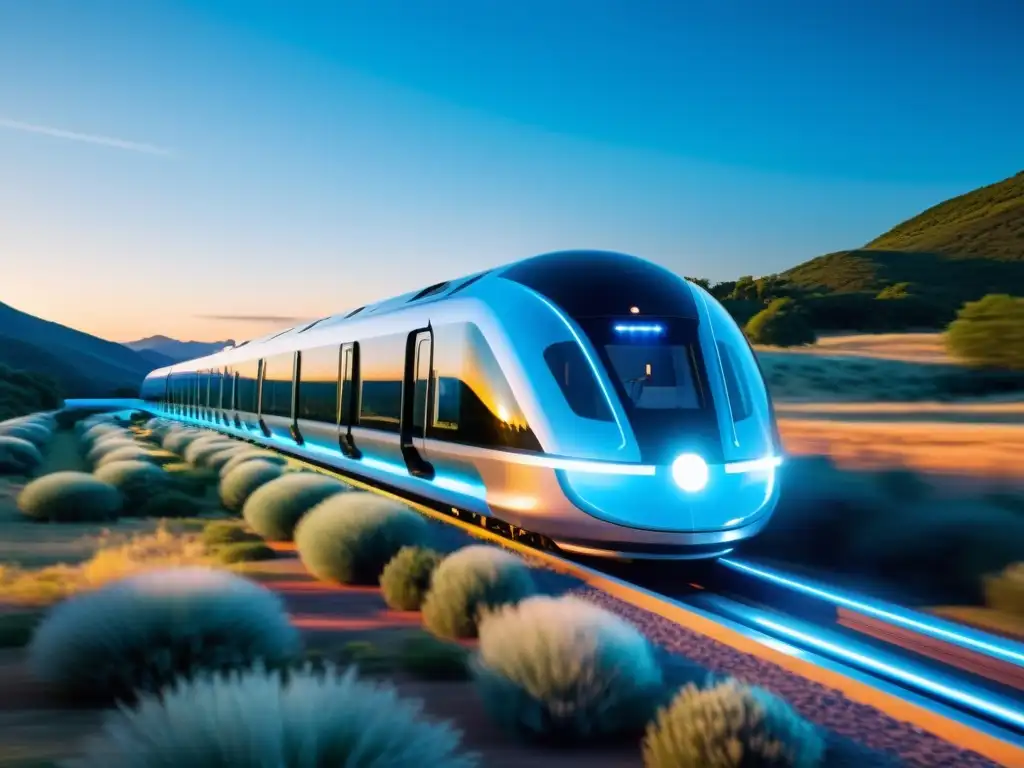 Un tren Hyperloop futurista y veloz en un tubo transparente, con paisaje borroso y luces LED azules