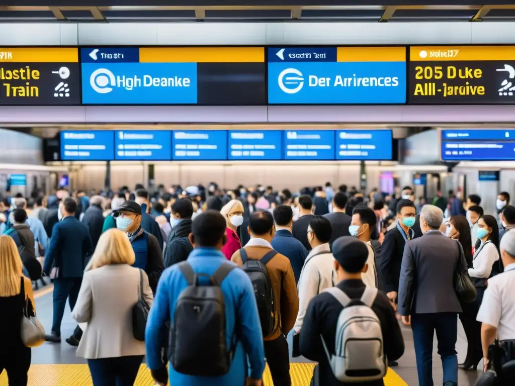 Estación de tren llena de gente, monitores digitales muestran llegadas y salidas en tiempo real, personal de seguridad vigila