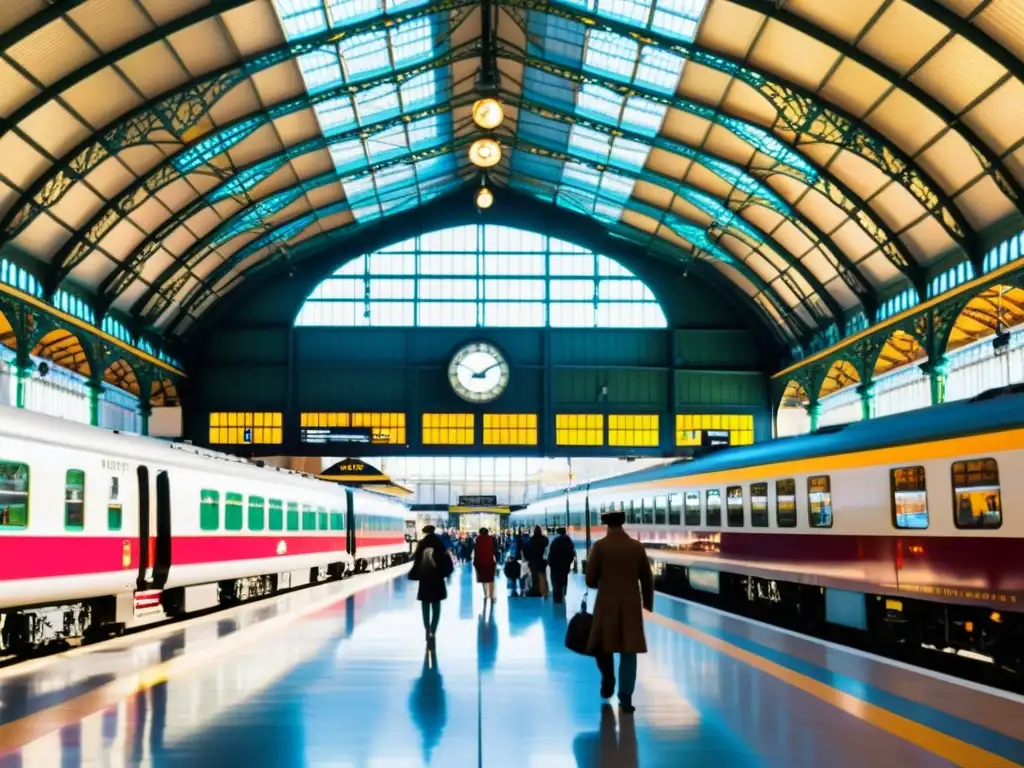 Estación de tren llena de pasajeros, locomotoras antiguas y modernos trenes de alta velocidad