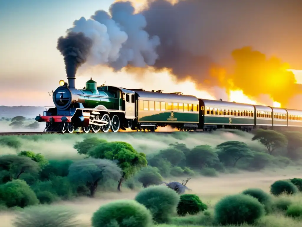 Tren de lujo Rovos Rail atraviesa la opulenta sabana africana al atardecer, con vagones elegantes y exclusivas vistas panorámicas