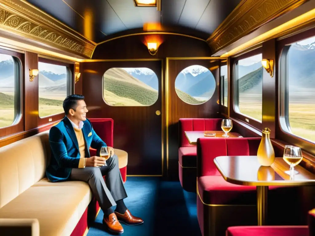 Tren de lujo opulento en los Andes con elegante decorado, asientos de terciopelo y ventana panorámica