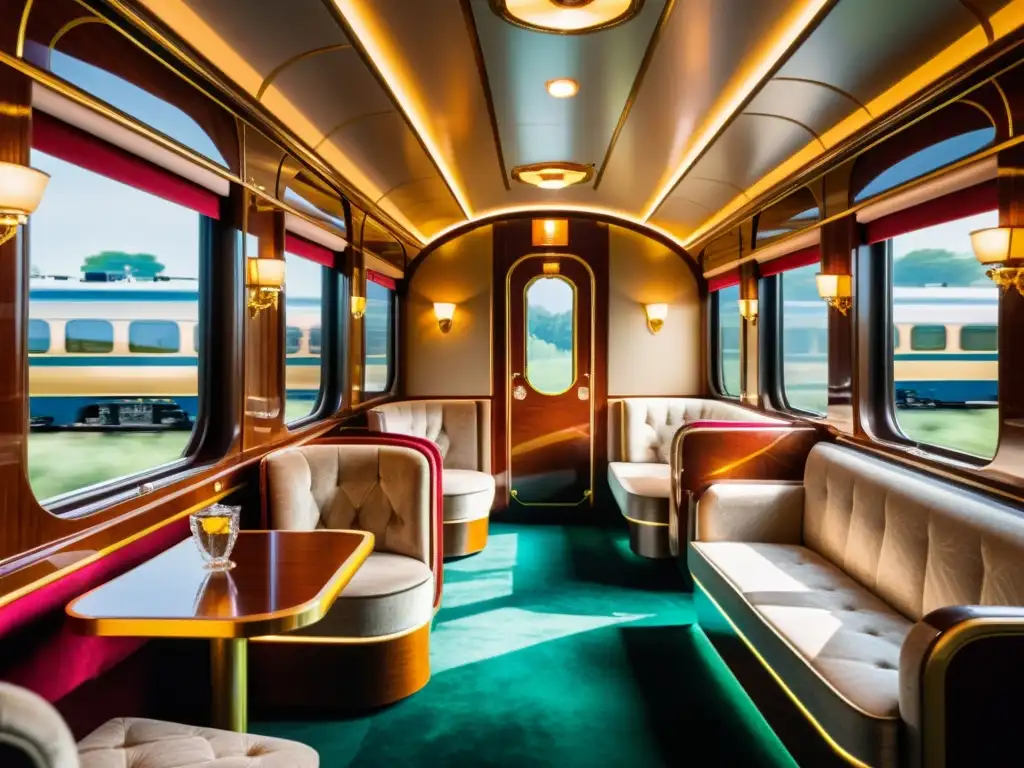 Tren de lujo opulento: interior elegante del Venice Simplon Orient Express, con diseño art déco, asientos lujosos y detalles ornamentados