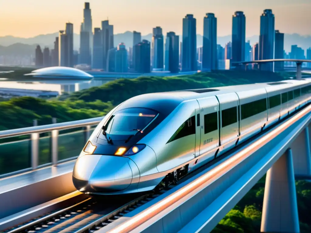 Un tren maglev de alta velocidad, con impacto estético del diseño transporte, se desliza elegantemente por la ciudad futurista