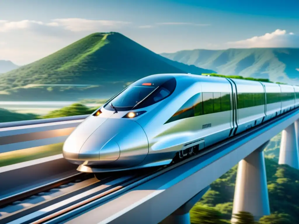 Un tren maglev futurista y aerodinámico, deslizándose suavemente sobre la vía con paisaje borroso al fondo