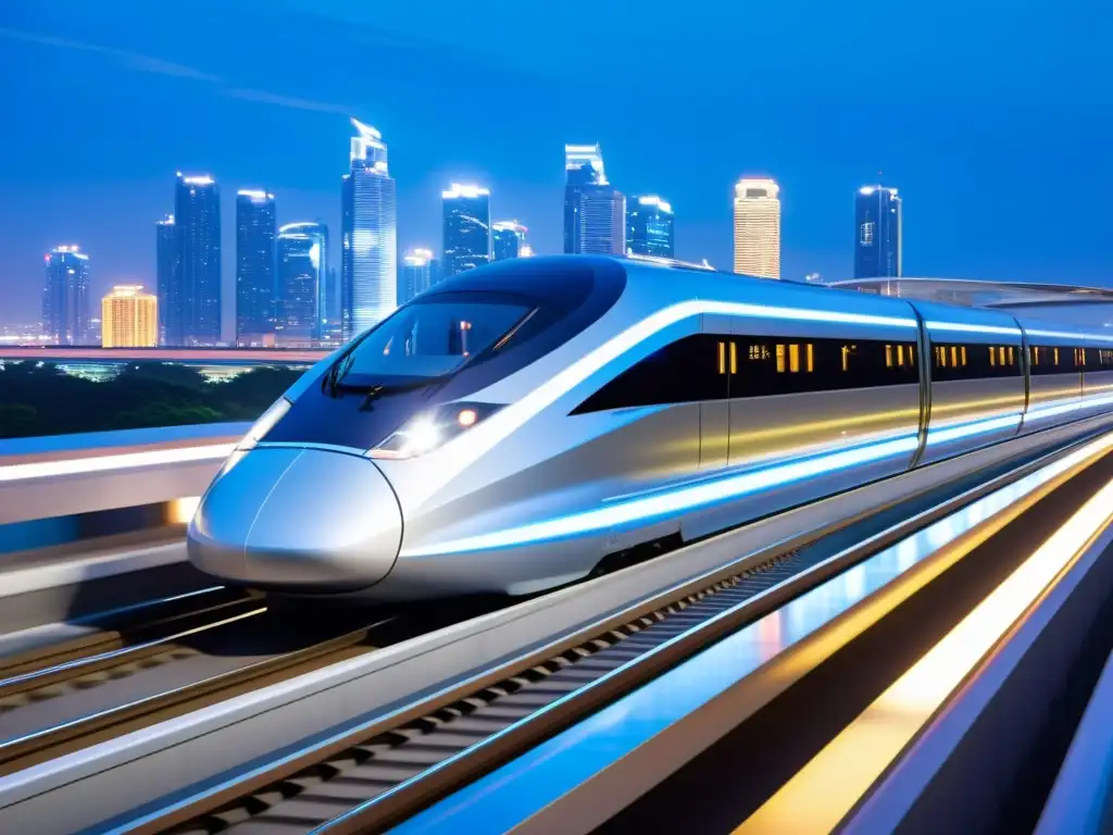 Un tren maglev futurista se desliza veloz sobre su vía elevada, con una deslumbrante ciudad nocturna de fondo