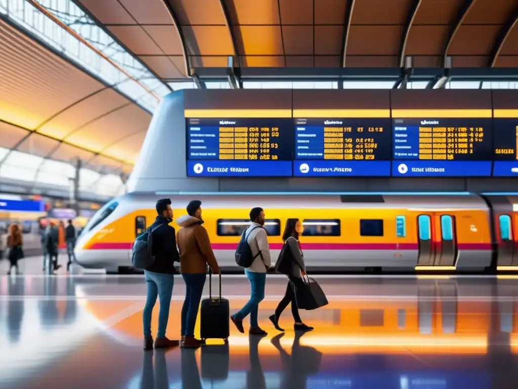 Estación de tren moderna con aplicaciones móviles para viajero ferroviario, pasajeros y atardecer cálido