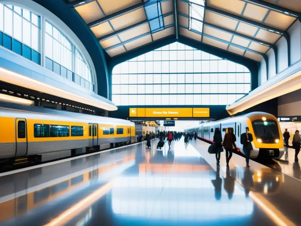 Estación de tren moderna y bulliciosa, con arquitectura elegante y grandes ventanales que dejan entrar luz natural