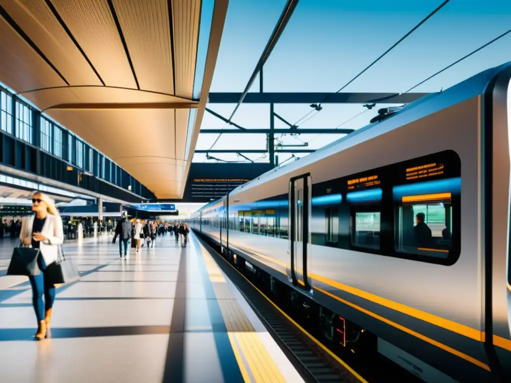 Estación de tren moderna con innovaciones en reducción de ruido, ofreciendo una experiencia tranquila y armoniosa para los viajeros