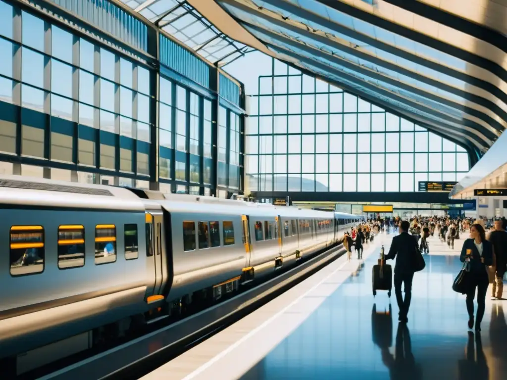 Estación de tren moderna llena de viajeros esperando, con aplicaciones móviles