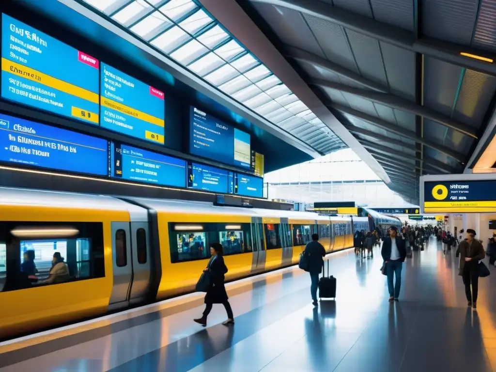 Estación de tren moderna con pasajeros y pantallas digitales, reflejando la evolución de los medios de transporte en la vida urbana