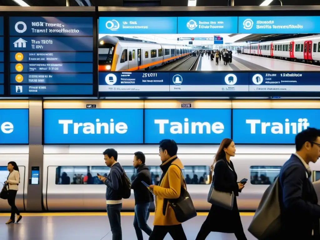 Estación de tren moderna con pasajeros en papel estaciones transporte Internet Cosas, conectividad y tecnología