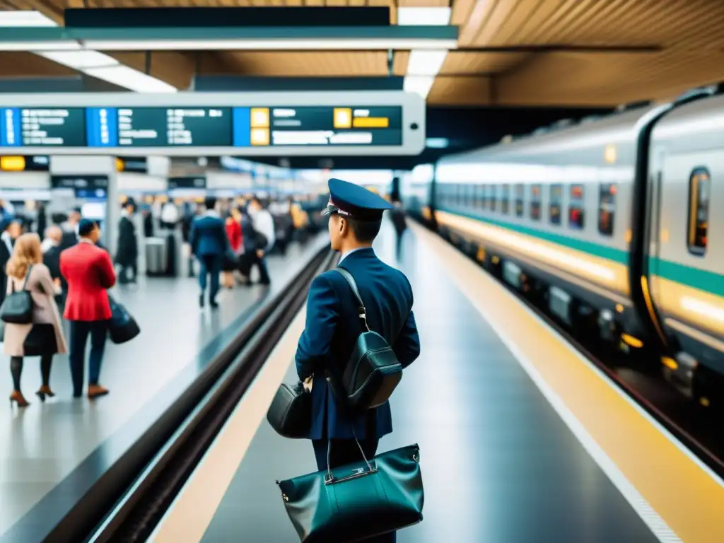 Estación de tren moderna con sistemas de vigilancia en estaciones de transporte, pasajeros esperando y personal de seguridad