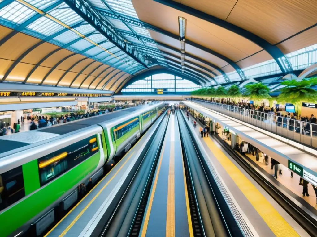 Estación de tren moderna y vibrante, con arquitectura futurista y un ambiente acogedor