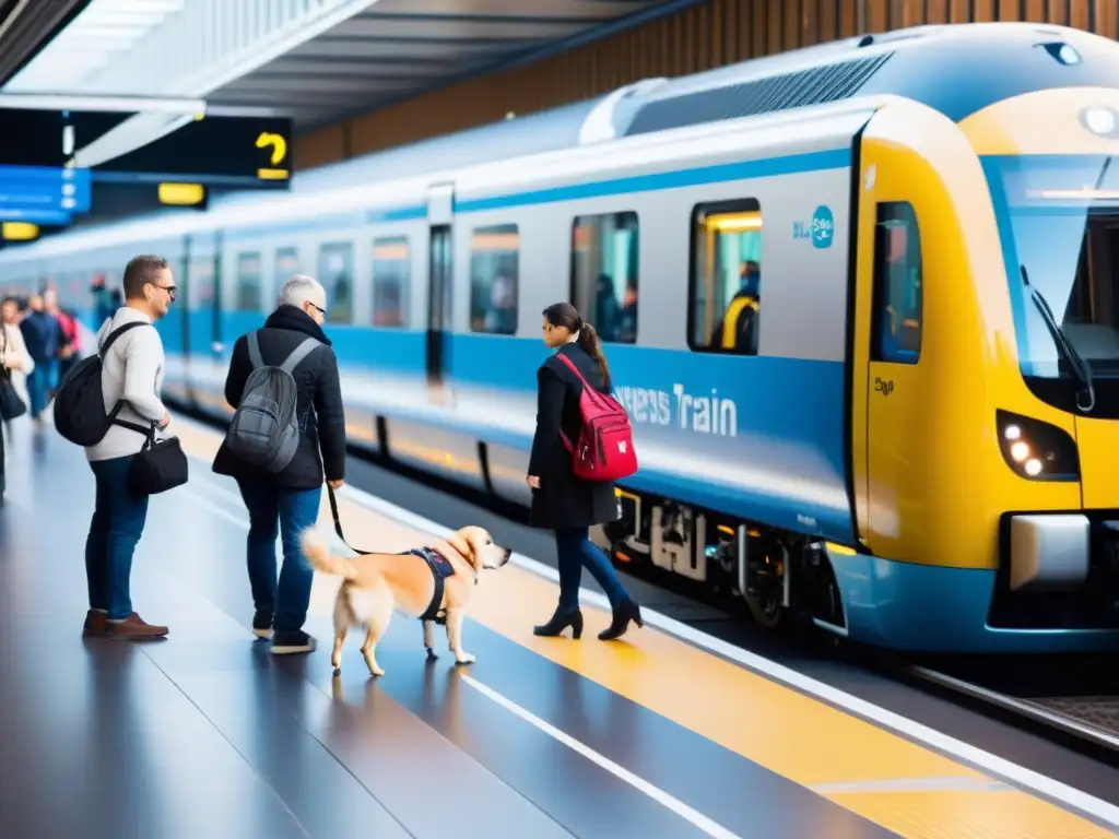 Un andén de tren moderno y accesible, con pasajeros de diversas capacidades abordando el tren