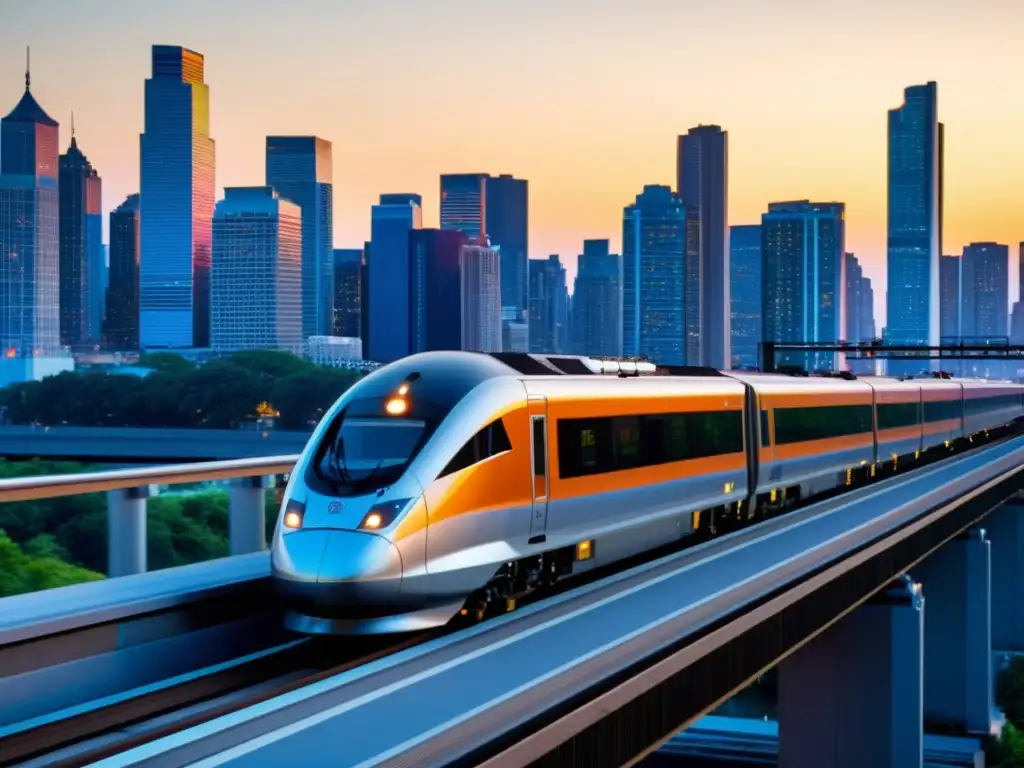 Un tren moderno surca la ciudad al atardecer, destacando el impacto estético del diseño transporte en el entorno urbano vibrante