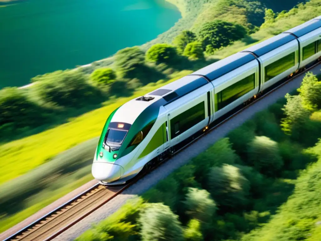 Un tren moderno y eficiente avanza suavemente por la vía en un paisaje verde