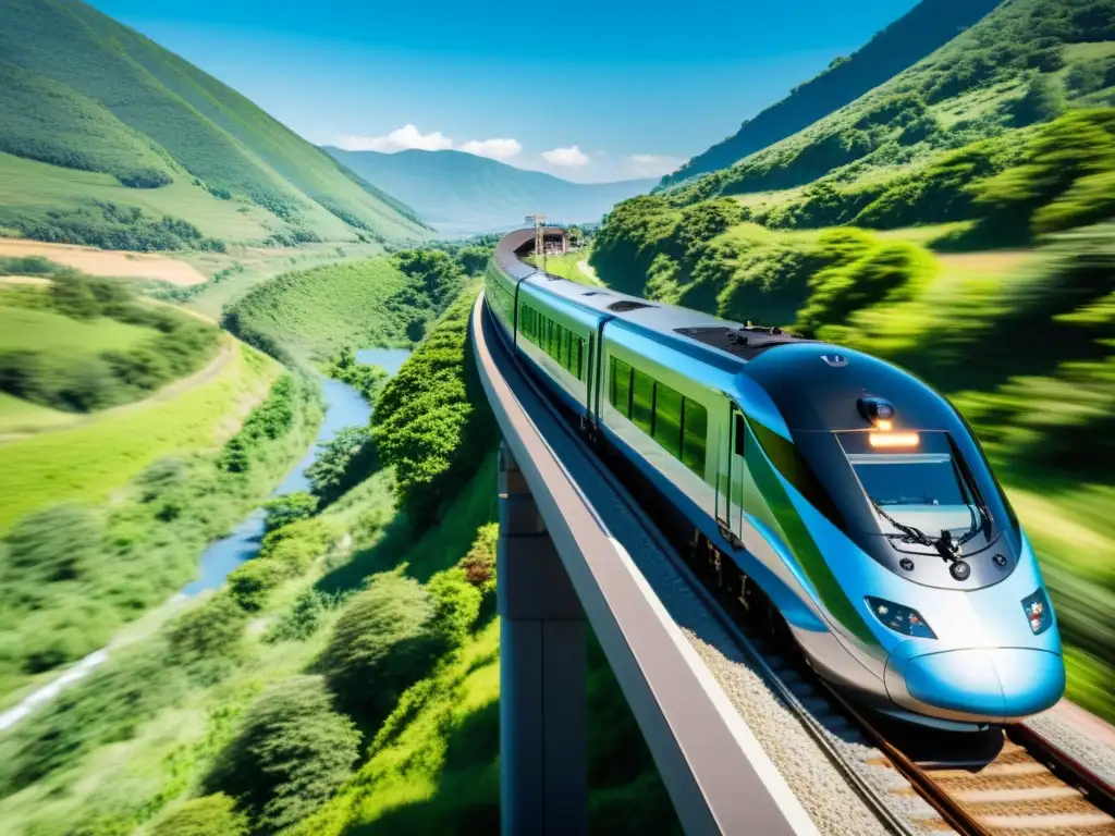 Un tren moderno y elegante recorre una escénica vía, rodeado de colinas verdes y cielo azul