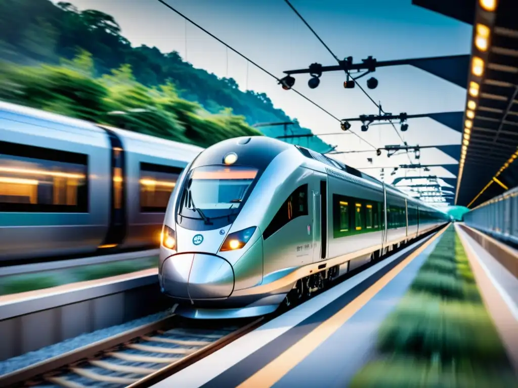 Un tren moderno recorriendo una pintoresca vía férrea, destacando sus avanzados sistemas de seguridad