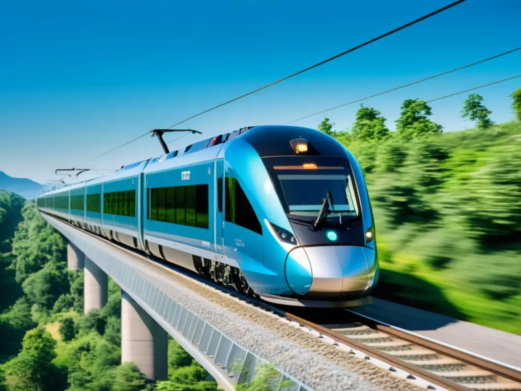 Un tren moderno con sistemas anticolisión, viajando entre paisajes verdes y cielos azules