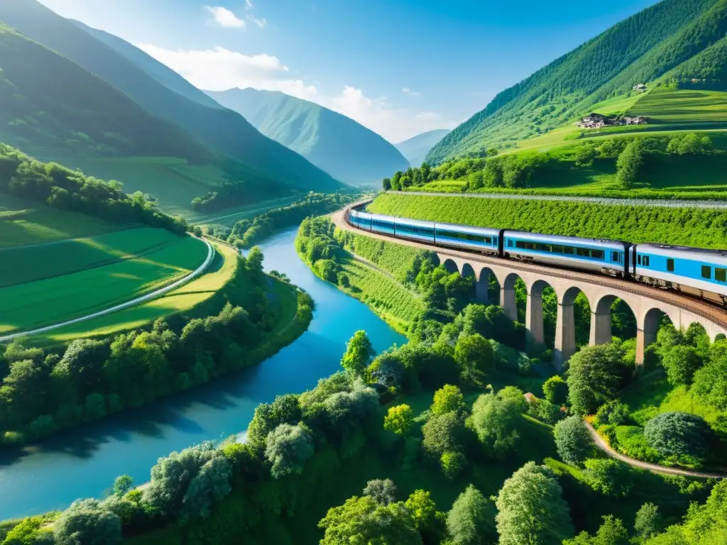 Un tren panorámico atraviesa un paisaje de ensueño, con montañas verdes, ríos y pueblos