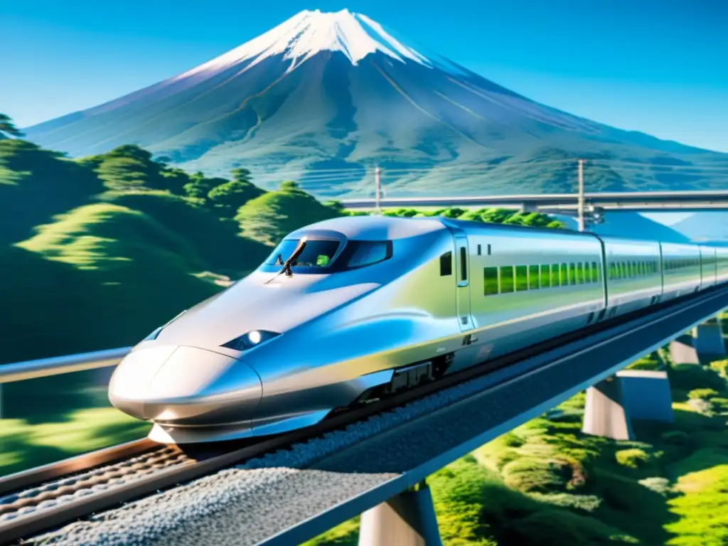 Un tren bala Shinkansen surca un paisaje japonés con el Monte Fuji de fondo, destacando su diseño futurista y tecnología de vanguardia