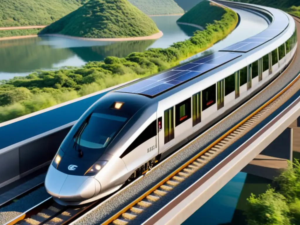 Un tren solar de energía renovable avanzando elegantemente por las vías, reflejándose en el agua