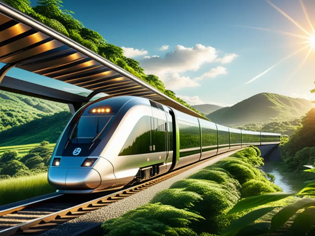 Tren solar energía renovable, moderno y elegante, deslizándose entre la naturaleza con paneles solares integrados