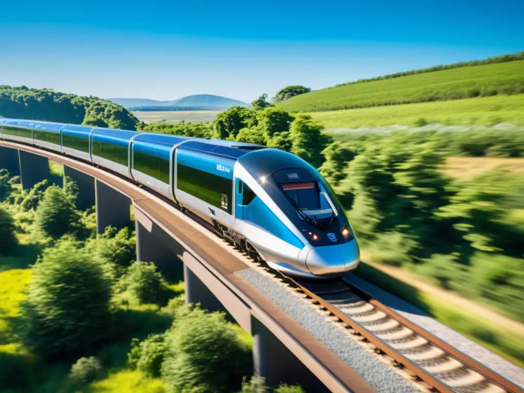 Un tren solar futurista recorre un escenario natural, capturando energía renovable mientras los pasajeros disfrutan del moderno interior