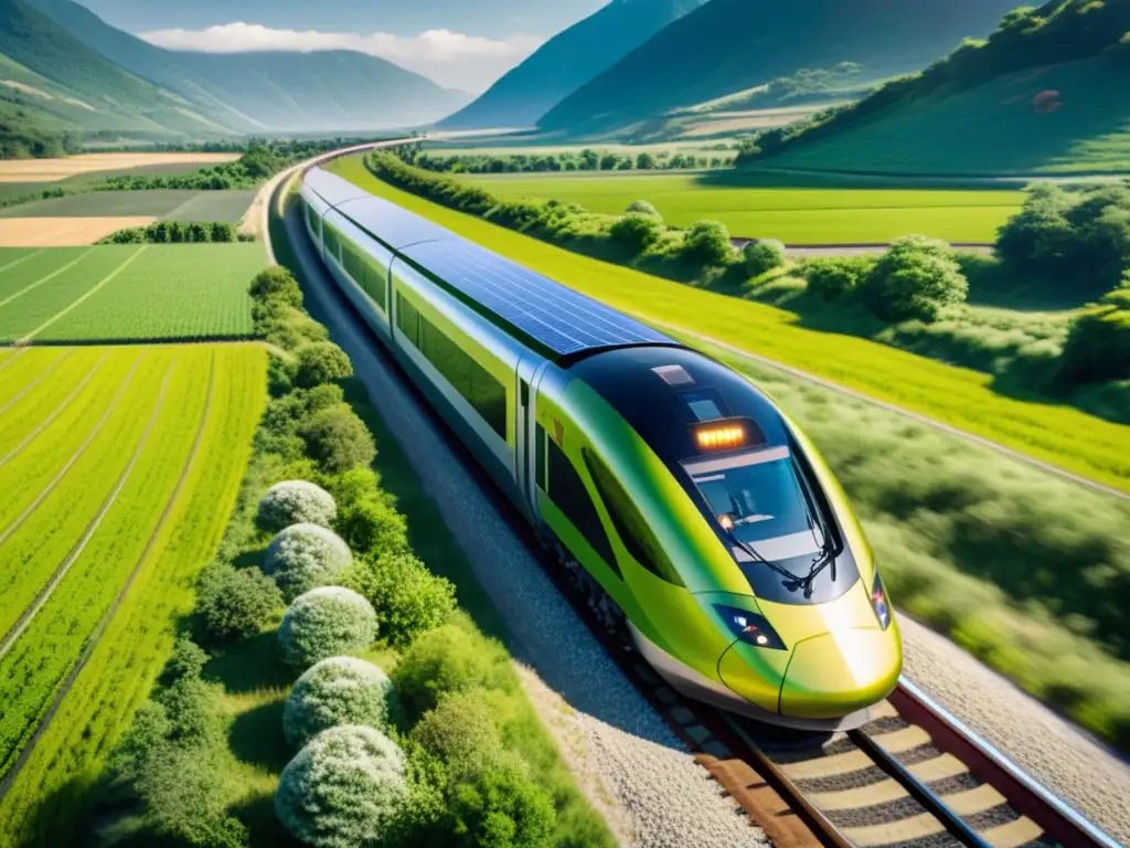 Un tren solar moderno recorre un paisaje verde, sus paneles brillan al sol